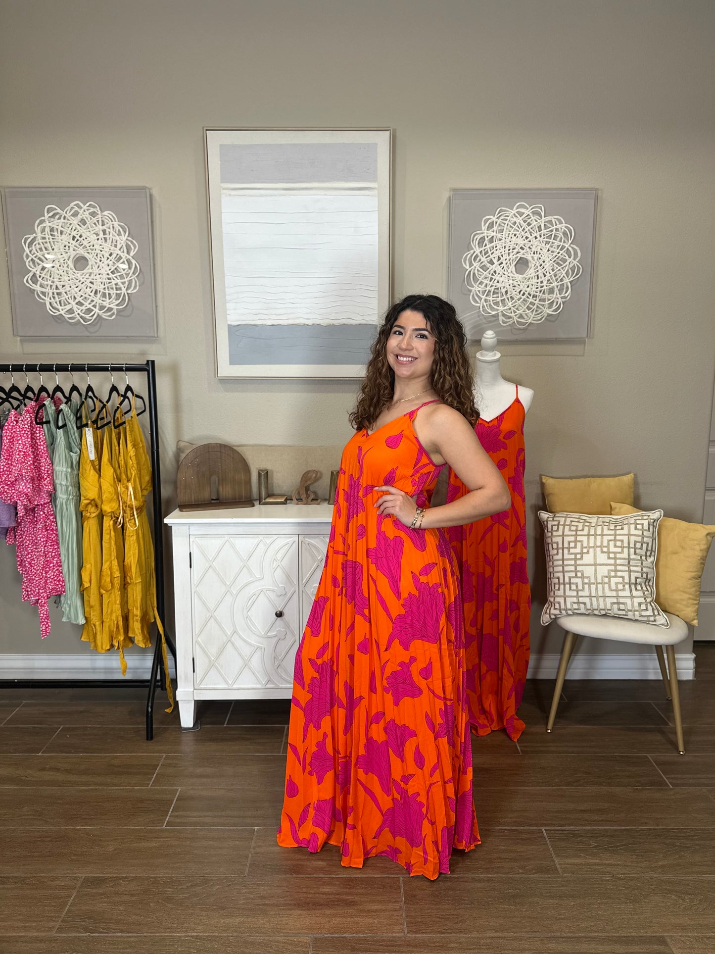 Jasmine Pleated Orange Maxi Dress