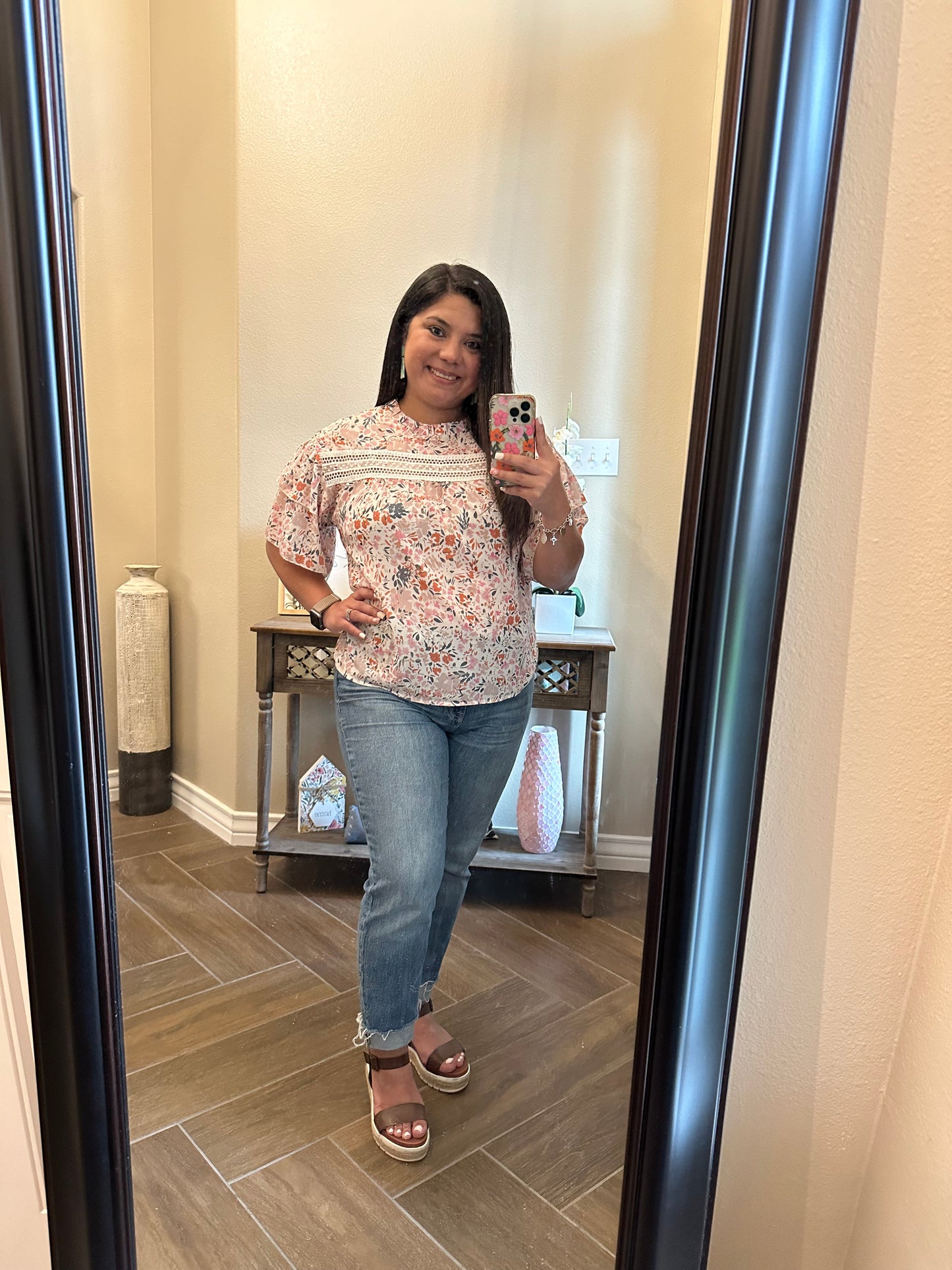 Floral Round Neck Short Sleeve Blouse