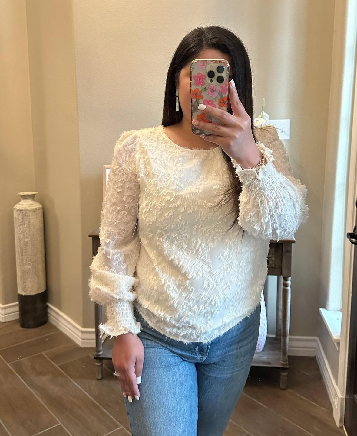 White Flocked Floral Puff Blouse
