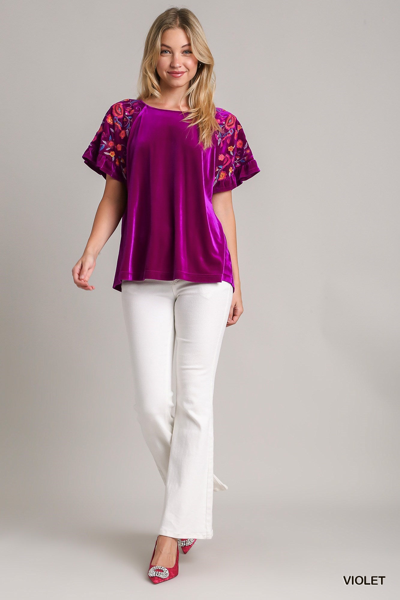 Velvet Embroidery Short Ruffle Sleeve Top