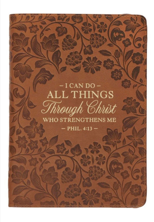 I Can Do All Things Through Christ Honey Brown Faux Leather Zippered Journal