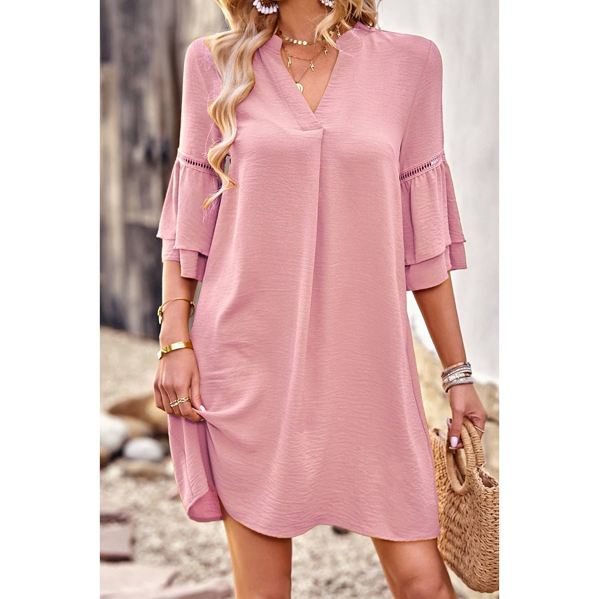 Solid V Neck Ruffle Sleeves Loose Fit Midi Dress