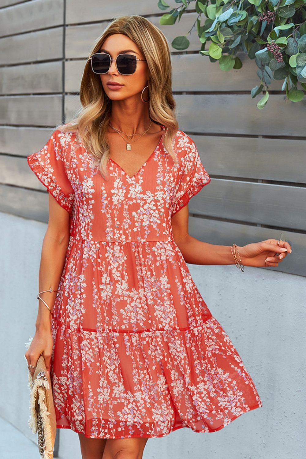 Printed V-Neck Short Sleeve Tiered Dress (5 Colors)