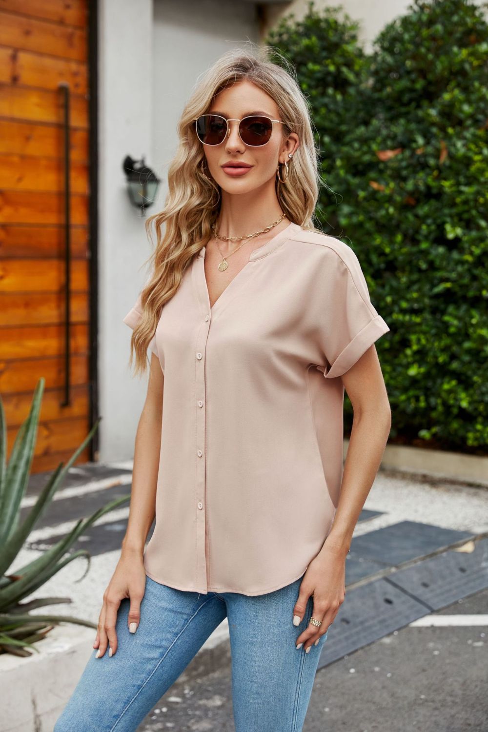 Notched Neck Cuffed Sleeve Shirt (4 Colors)