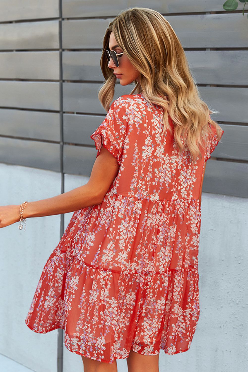 Printed V-Neck Short Sleeve Tiered Dress (5 Colors)