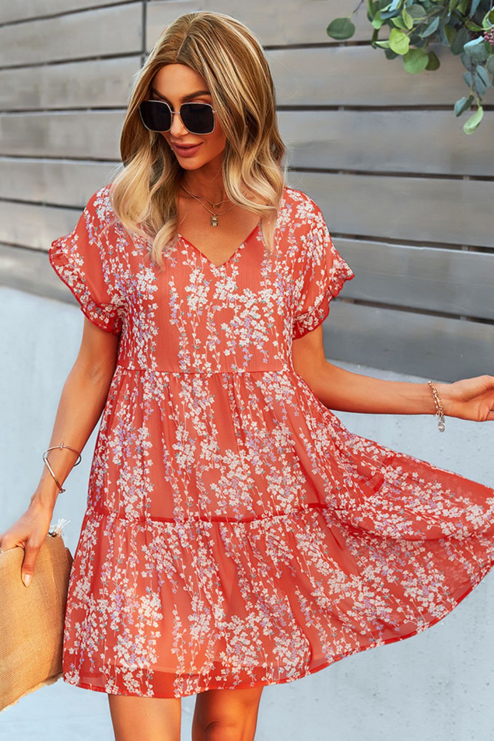 Printed V-Neck Short Sleeve Tiered Dress (5 Colors)