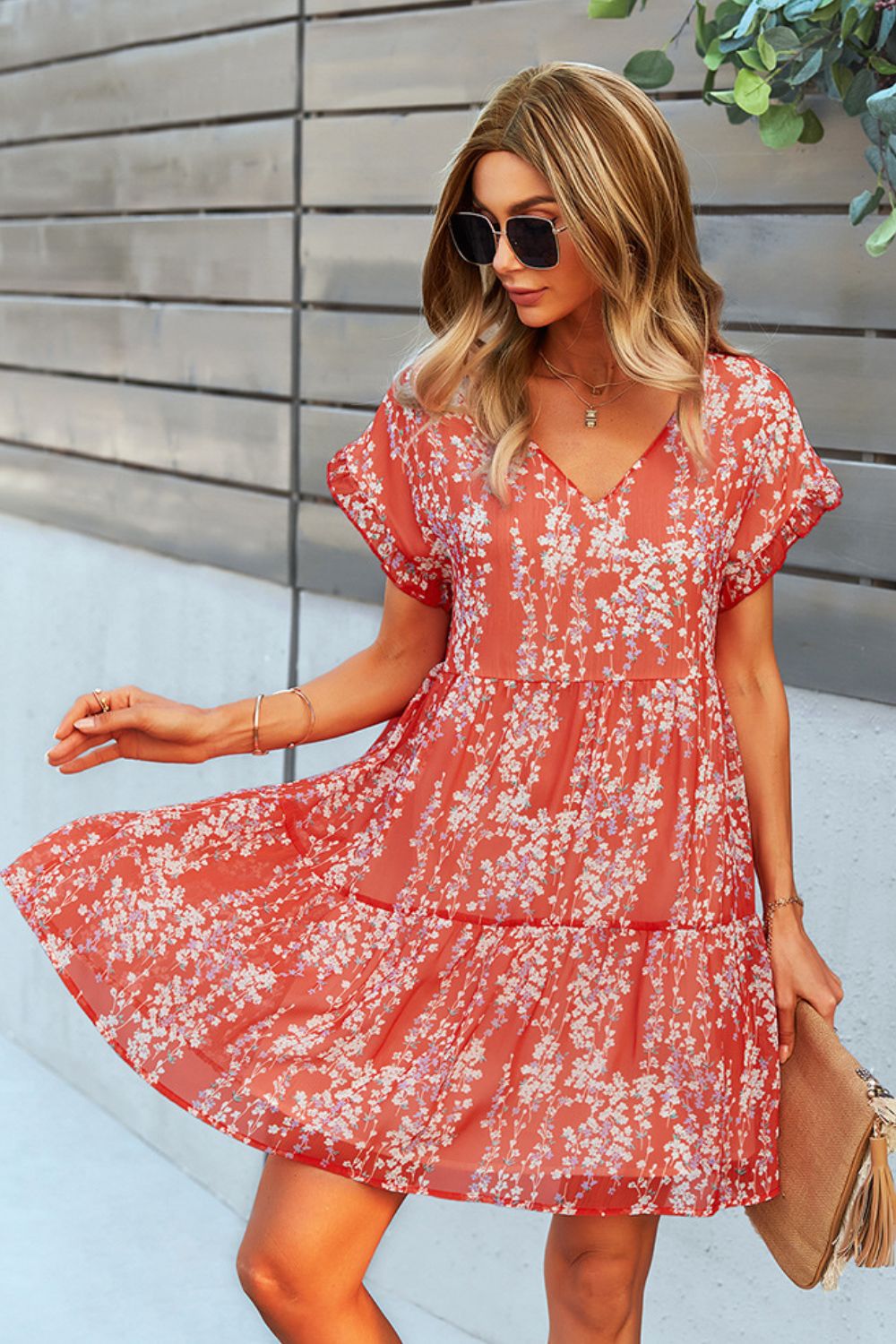 Printed V-Neck Short Sleeve Tiered Dress (5 Colors)