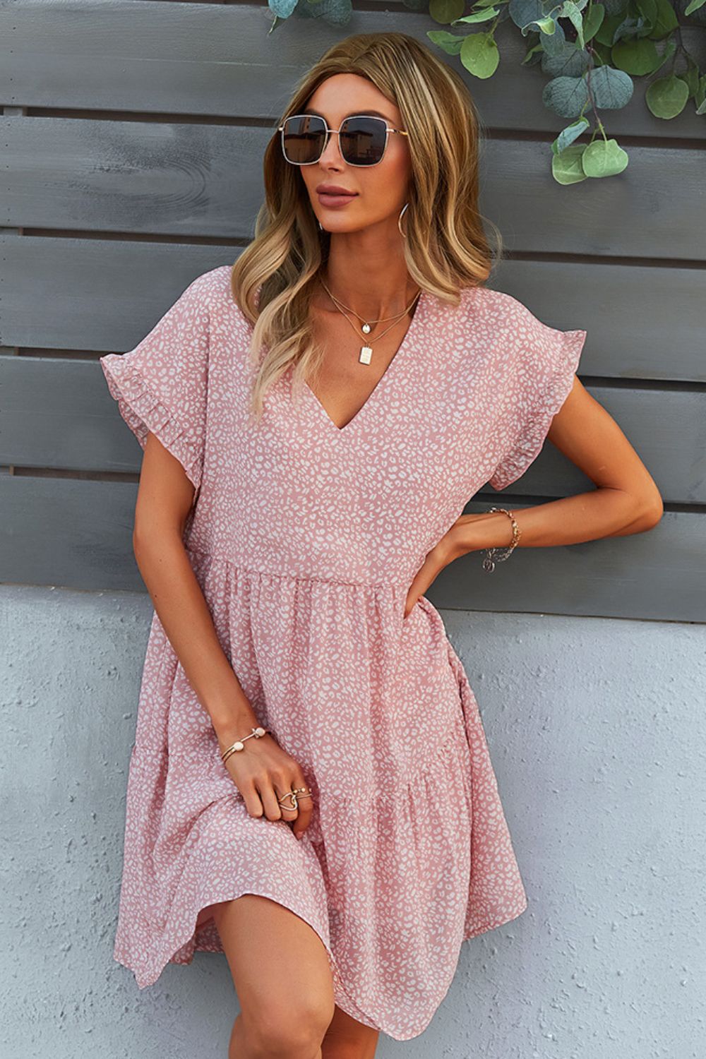 Printed V-Neck Short Sleeve Tiered Dress (5 Colors)