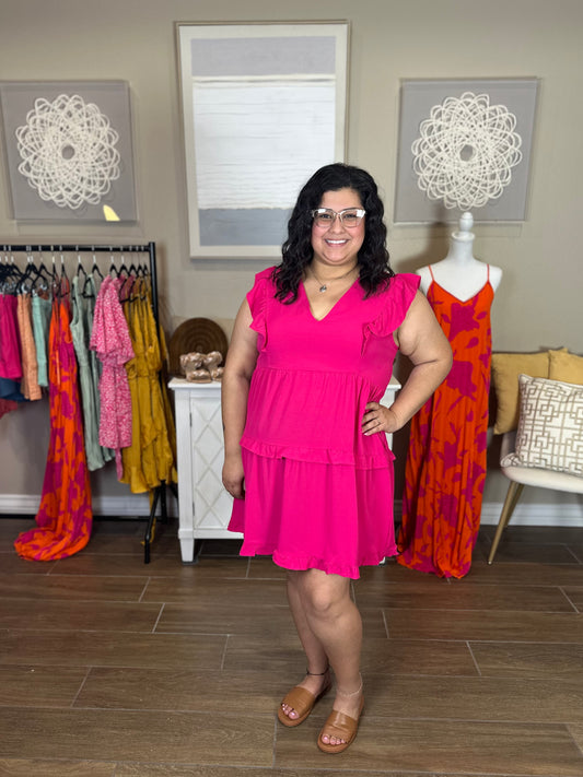 Dani Ruffle Tiered V-Neck Dress in Fuchsia