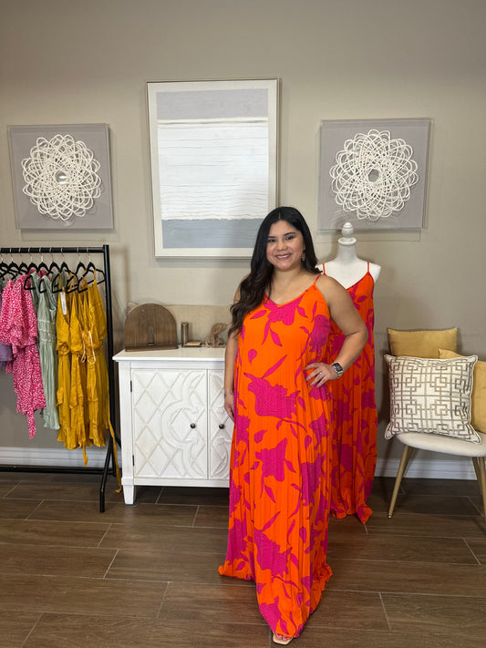 Jasmine Pleated Orange Maxi Dress