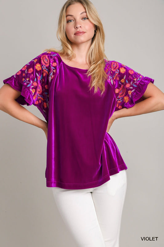 Velvet Embroidery Short Ruffle Sleeve Top