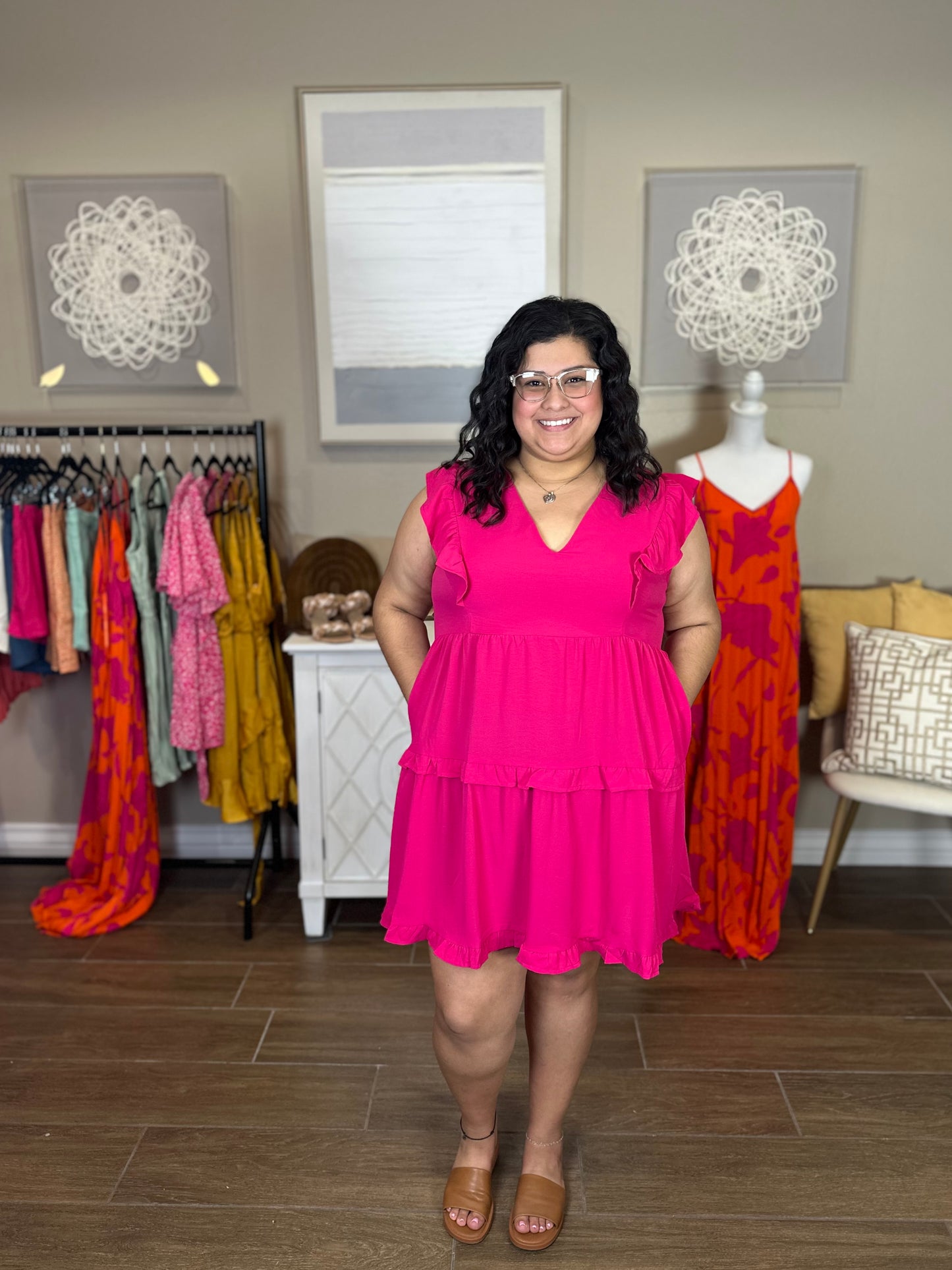 Dani Ruffle Tiered V-Neck Dress in Fuchsia