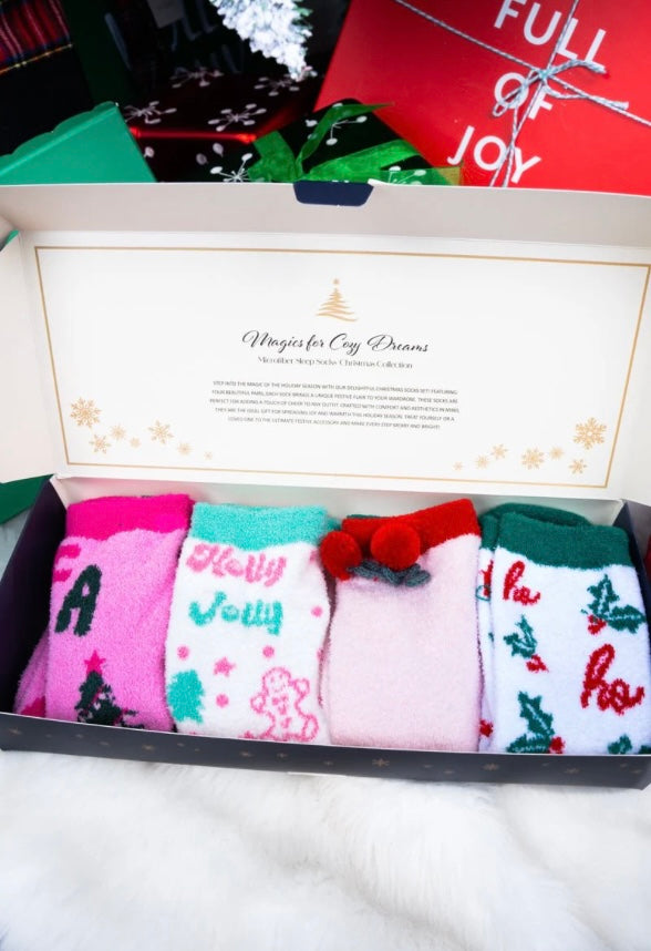 Holiday Phrases Fuzzy 4 Pair Socks Set