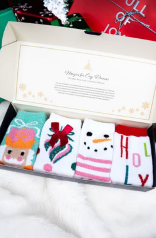 Nutcracker & Snowman Fuzzy 4 Pair Socks Set