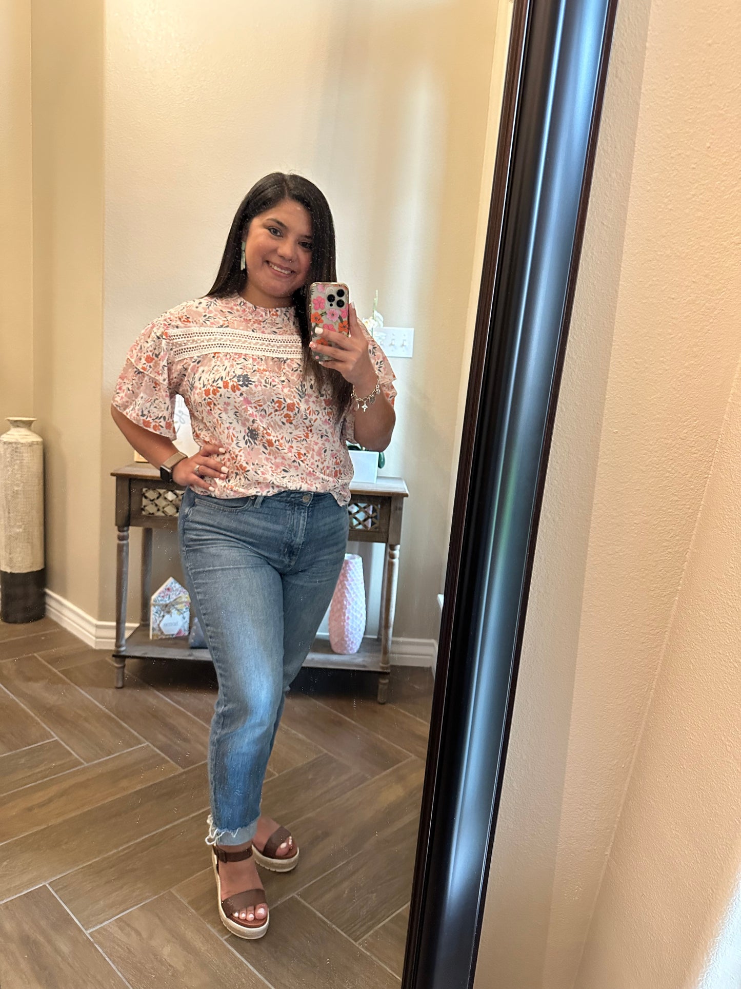 Floral Round Neck Short Sleeve Blouse