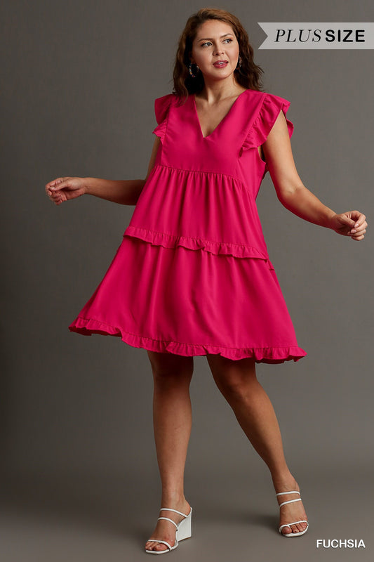 Dani Ruffle Tiered V-Neck Dress in Fuchsia