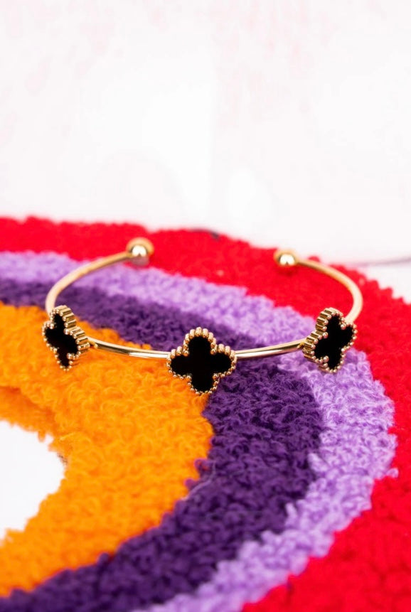 Viola Black Quartrefoil Goldtone Cuff Bracelet