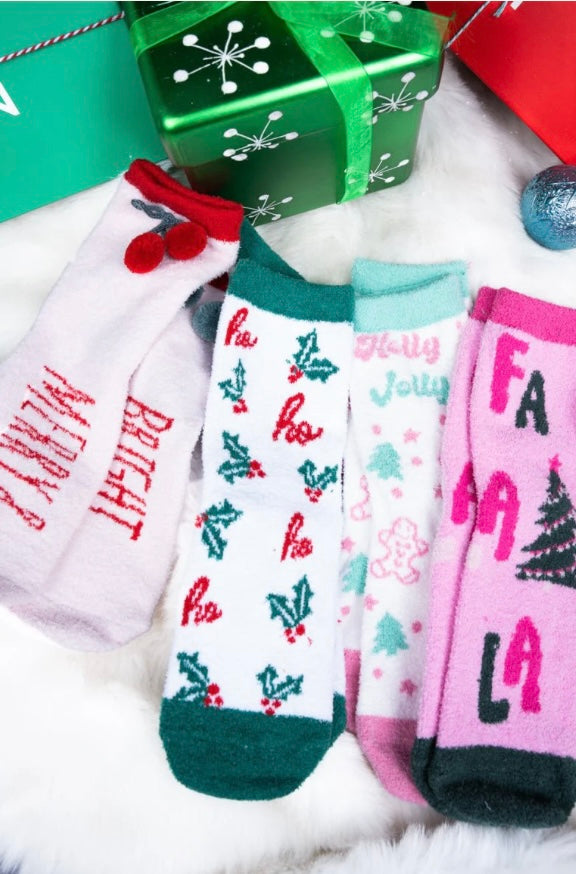 Holiday Phrases Fuzzy 4 Pair Socks Set