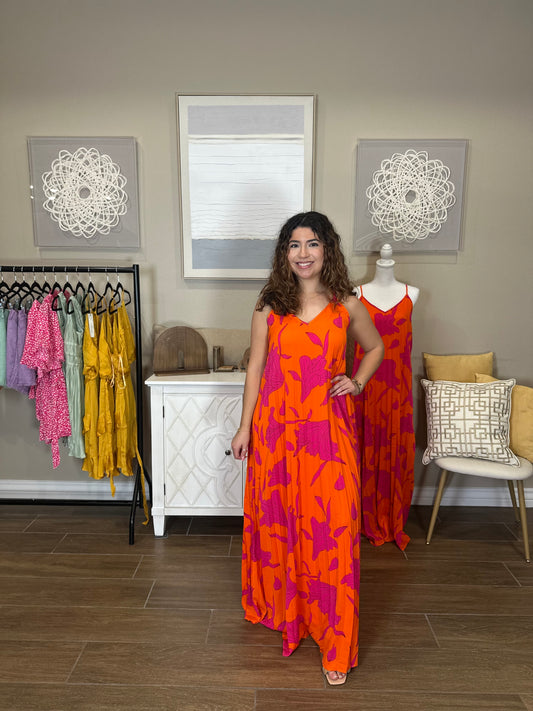 Jasmine Pleated Orange Maxi Dress