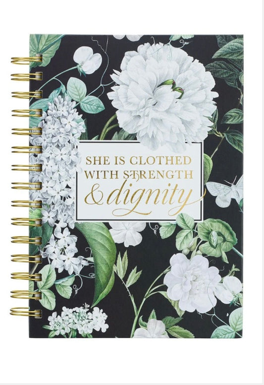 Strength & Dignity White Floral Large Wirebound Journal