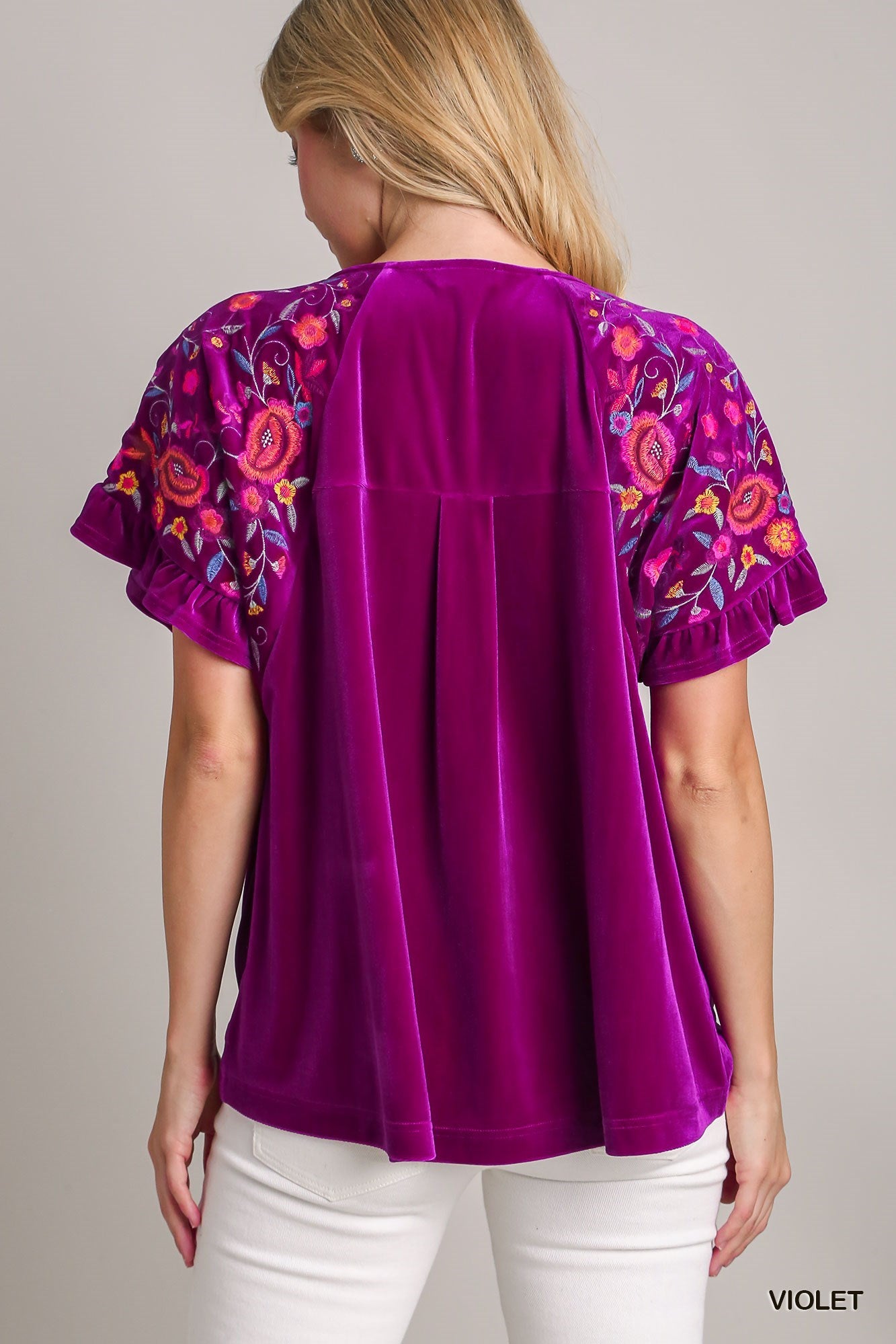 Velvet Embroidery Short Ruffle Sleeve Top