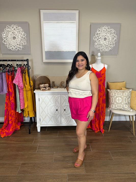 Hot Pink Linen Scallop Hem Shorts