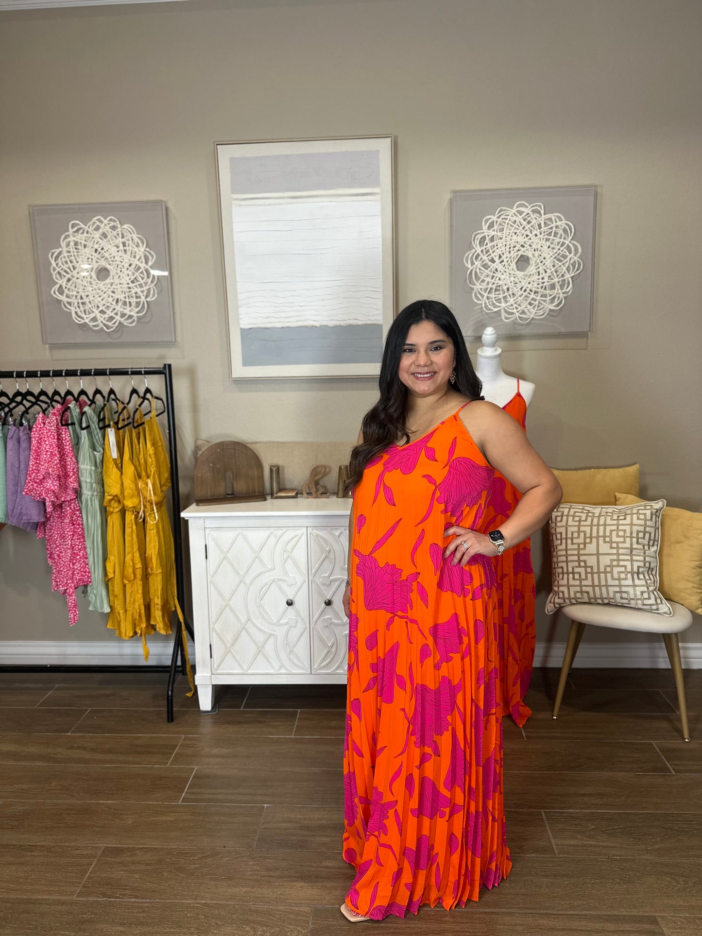 Jasmine Pleated Orange Maxi Dress