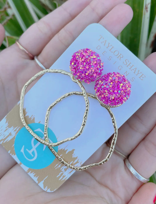 Hot Pink Glitter Top Hoops