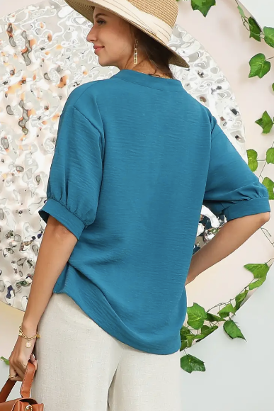 Collars Shirred Short Sleeve Blouse Top
