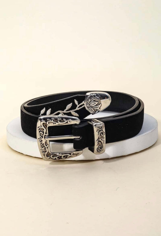 Vine Embroidered Faux Leather Fashion Belt