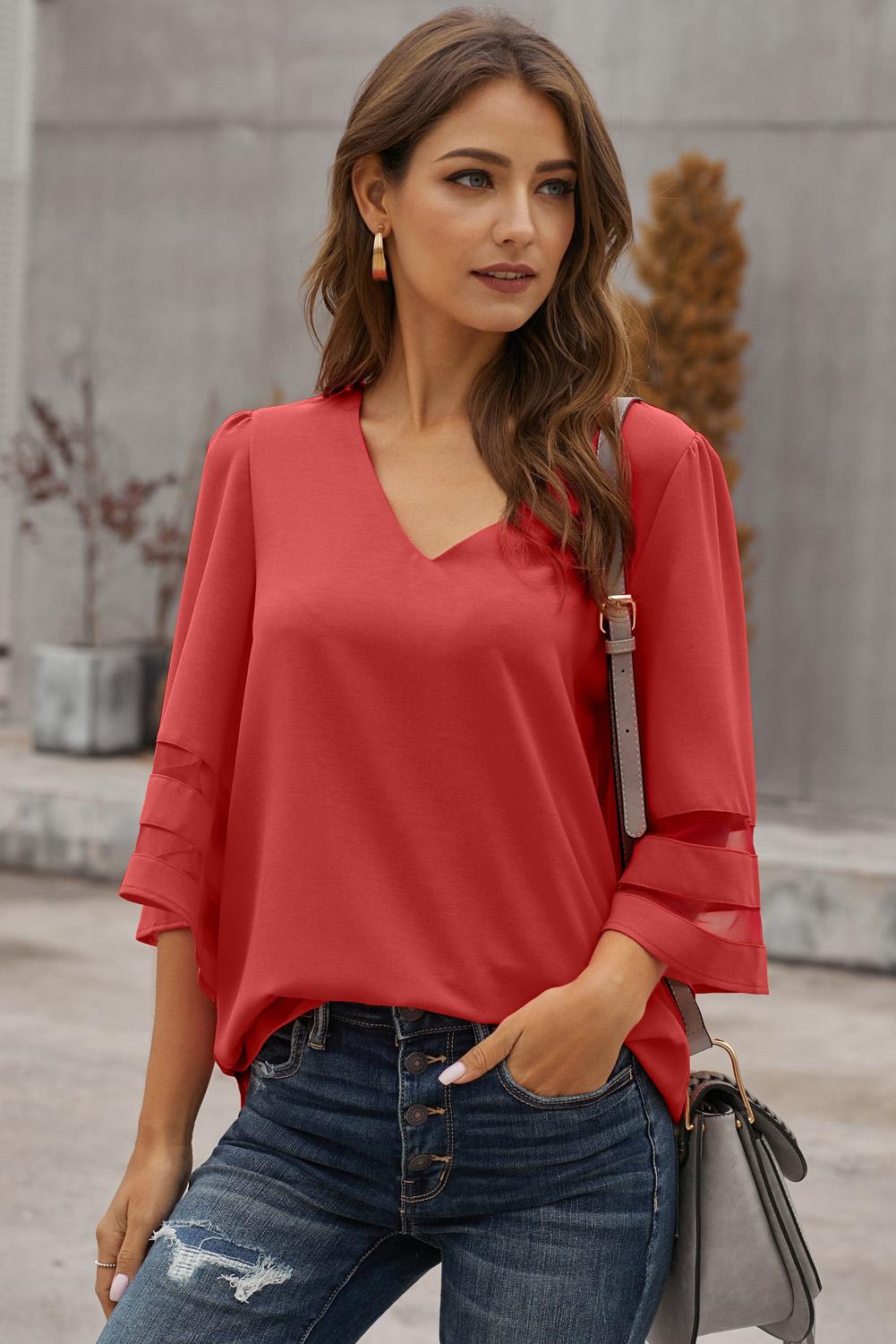 Flare Sleeve V-Neck Blouse