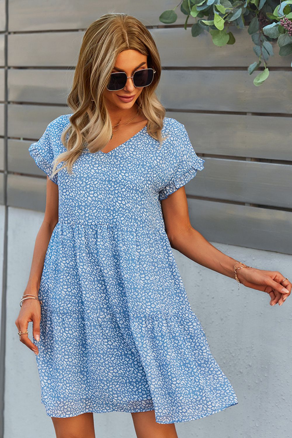 Printed V-Neck Short Sleeve Tiered Dress (5 Colors)