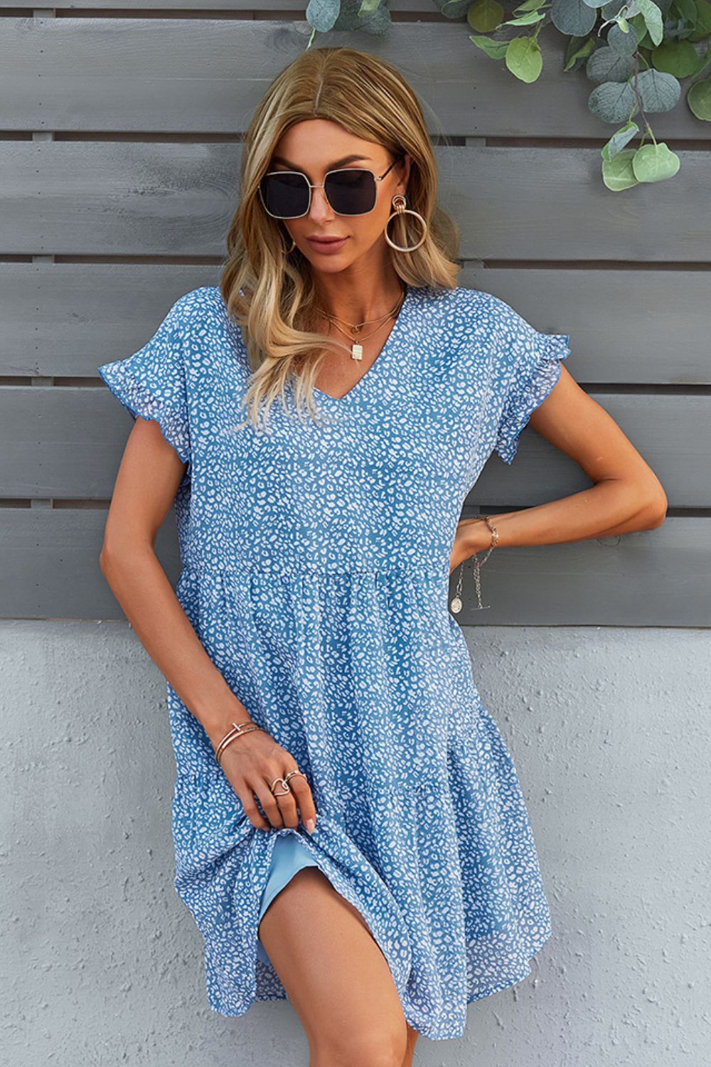 Printed V-Neck Short Sleeve Tiered Dress (5 Colors)