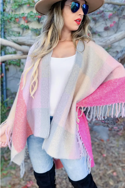 Pink Knitted Tassel Cozy Kimono