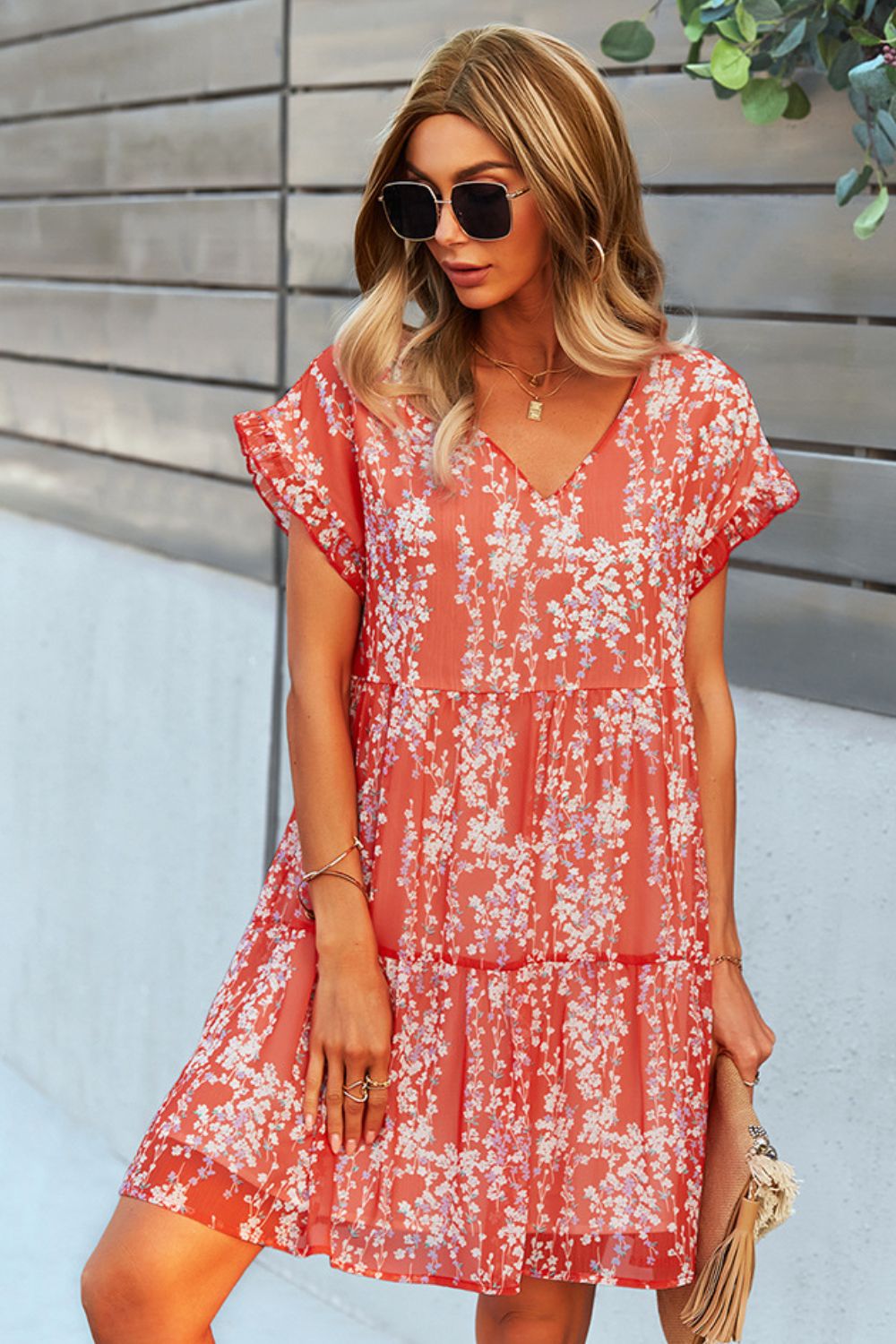 Printed V-Neck Short Sleeve Tiered Dress (5 Colors)