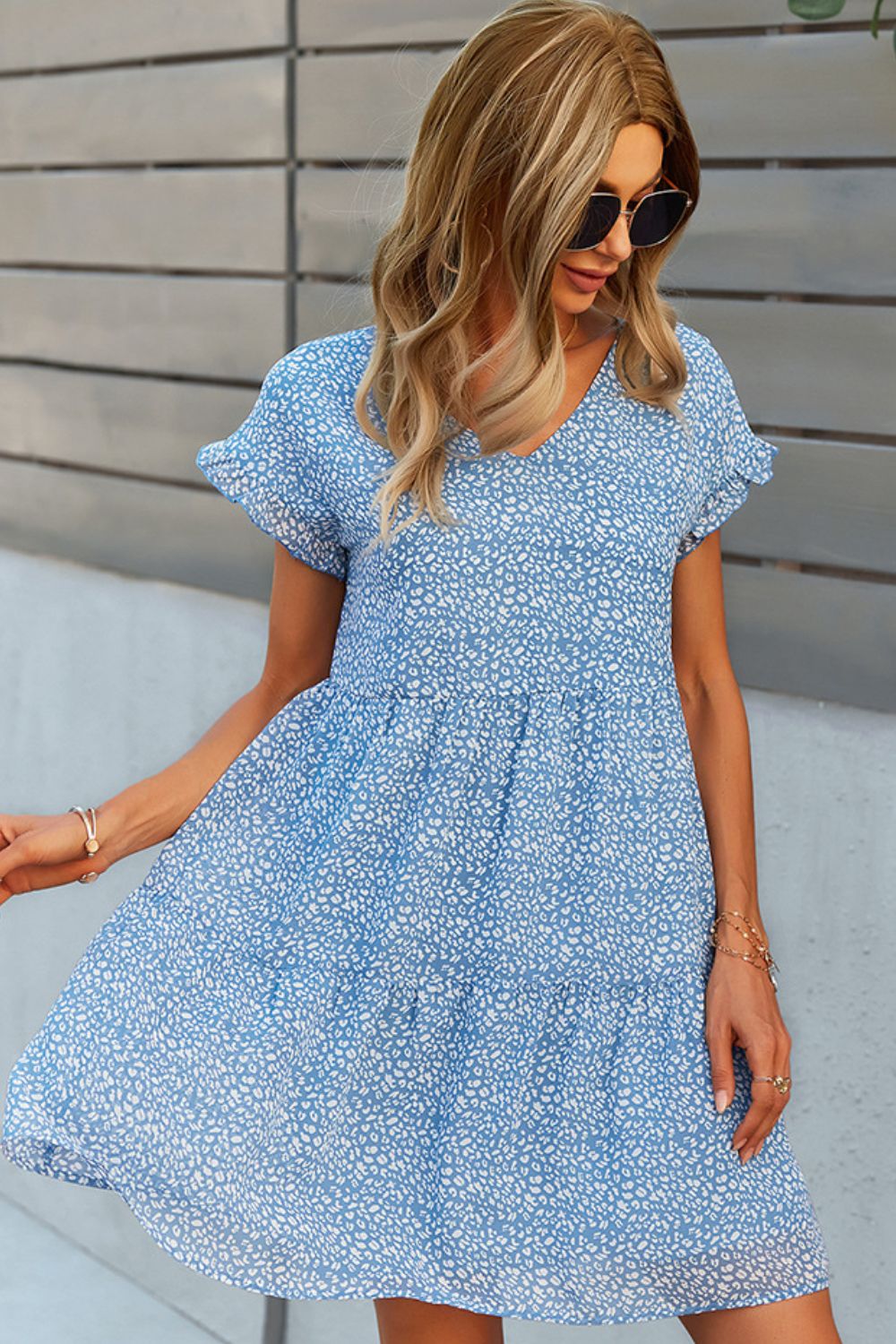 Printed V-Neck Short Sleeve Tiered Dress (5 Colors)