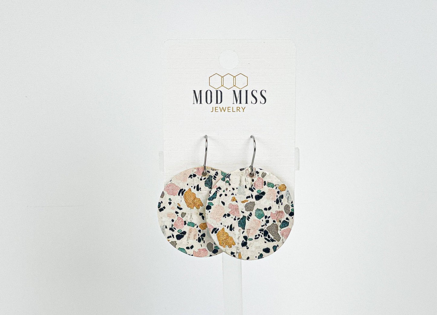 Pink Granite Cork + Leather Round Earrings